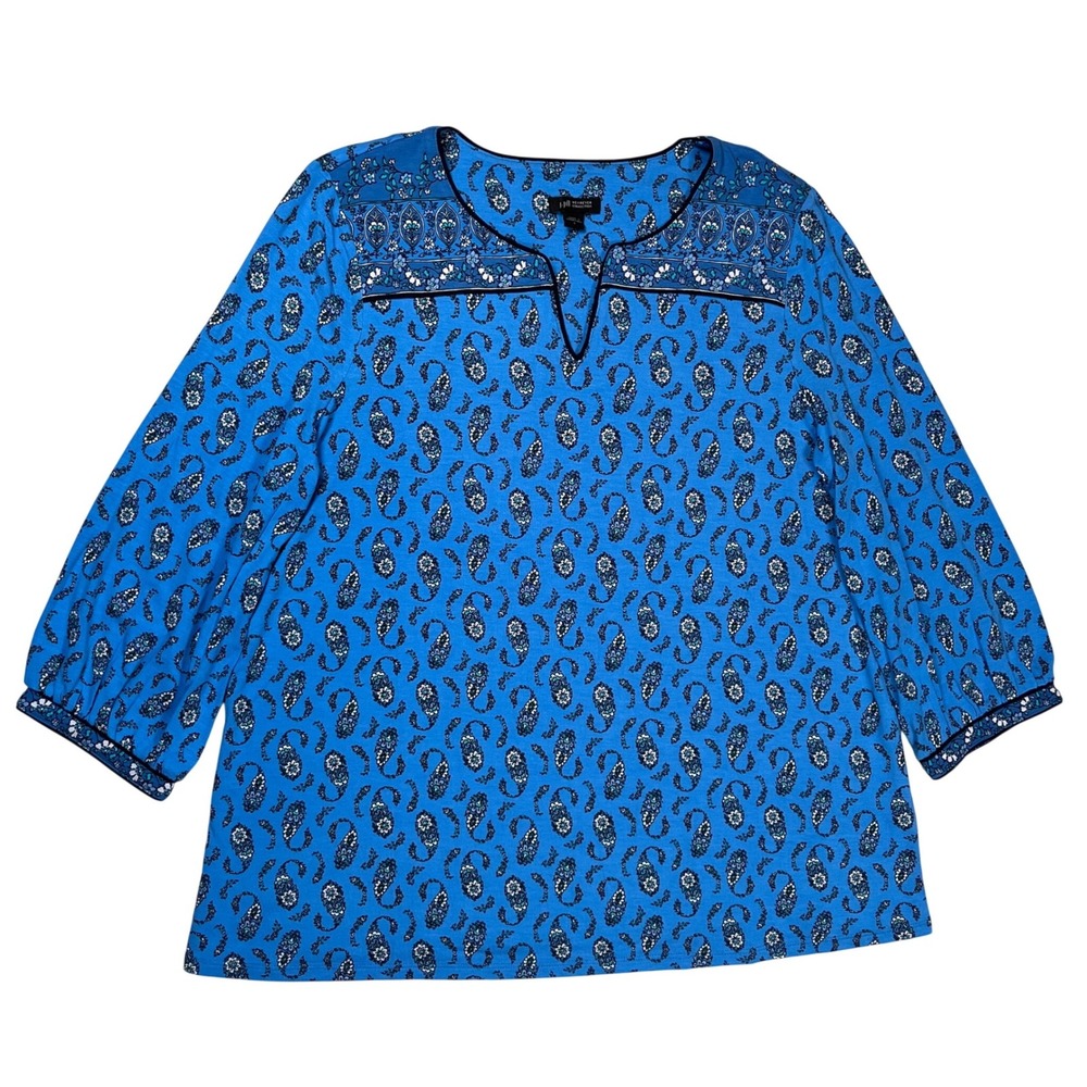 New J Jill Wearever Tunic Women's S Blue Paisley Split‎ Neck 3/4 Sleeve Knit Top